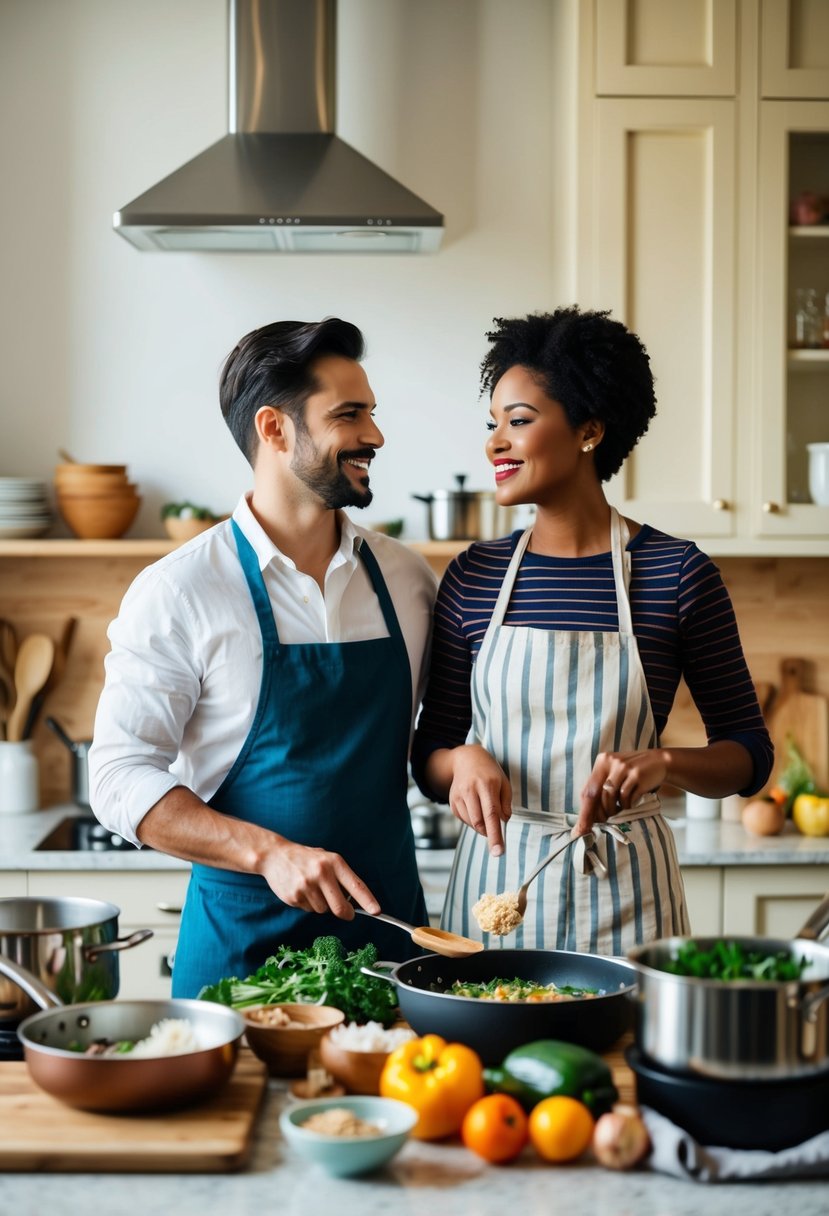 A couple stands side by side in a cozy kitchen, surrounded by pots, pans, and fresh ingredients. They work together to create a special meal, following a new recipe for their 40th wedding anniversary celebration