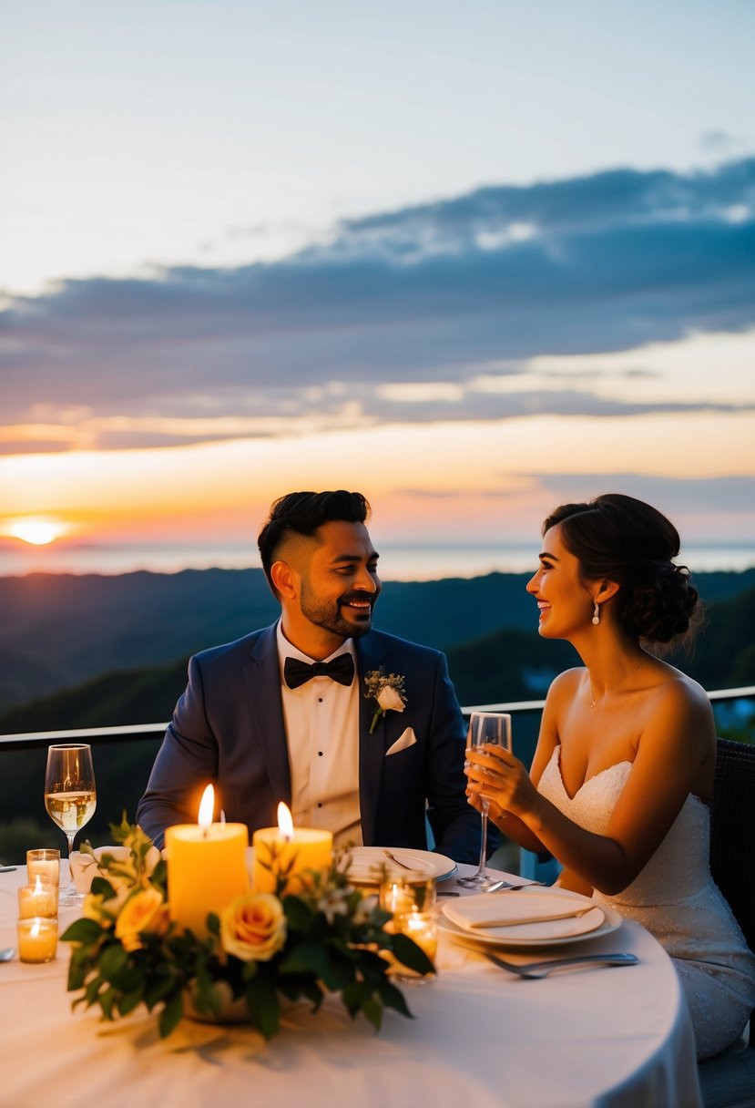 A couple enjoying a romantic dinner at a candlelit table overlooking a scenic sunset on their 35th wedding anniversary