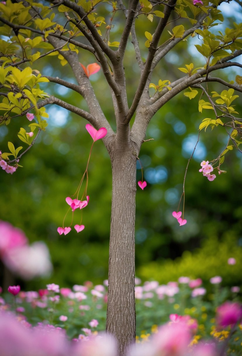 A mature tree with heart-shaped leaves surrounded by blooming flowers