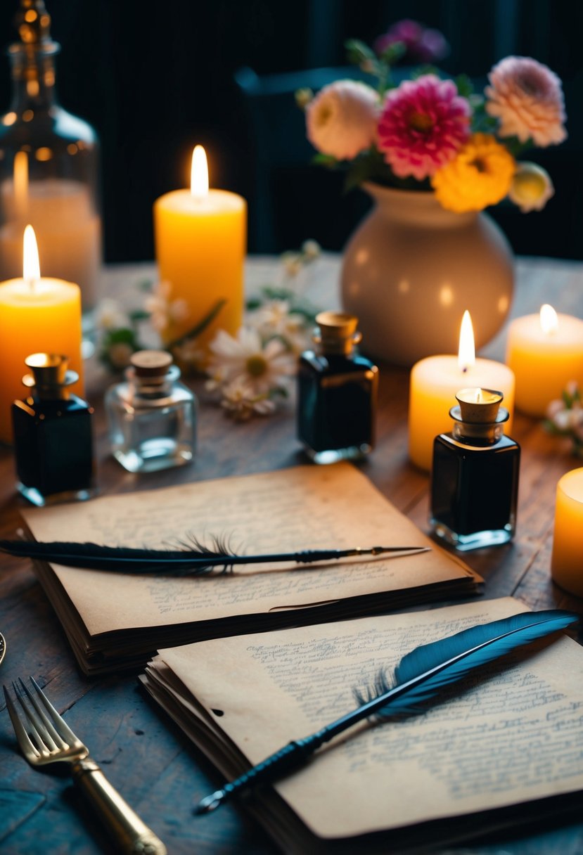 A table set with vintage paper, quill pens, and ink bottles, surrounded by flickering candlelight and blooming flowers