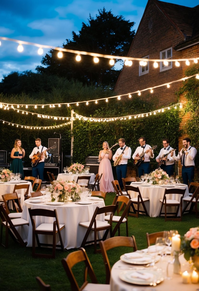 A festive garden party with a vintage flair, complete with fairy lights, floral centerpieces, and a live band playing romantic tunes