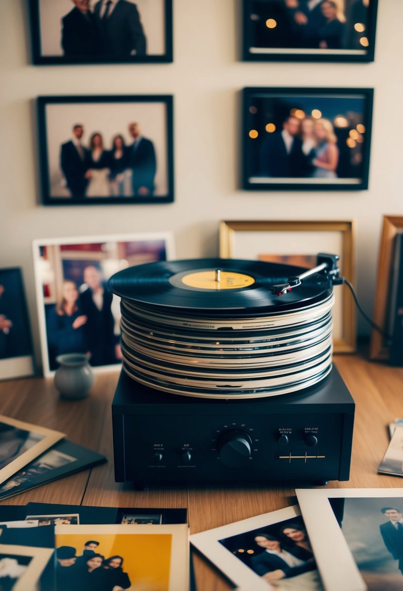 A table set with a vintage record player and a stack of meaningful vinyl records, surrounded by framed photos from the past 40 years