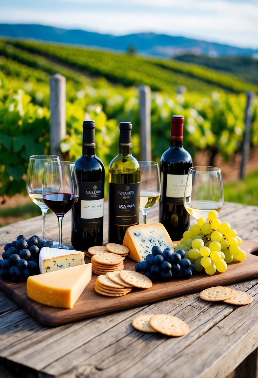 A rustic wooden table adorned with an array of artisanal cheeses, crackers, and grapes, accompanied by a variety of wine glasses and bottles, set against a scenic vineyard backdrop