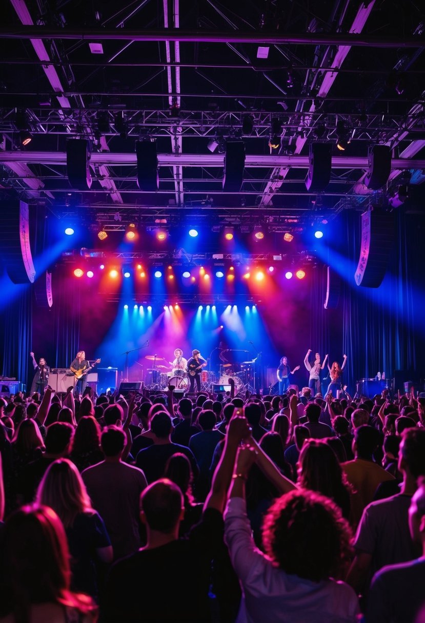 A crowded concert venue with colorful stage lights and a band performing on stage. Audience members are cheering and dancing