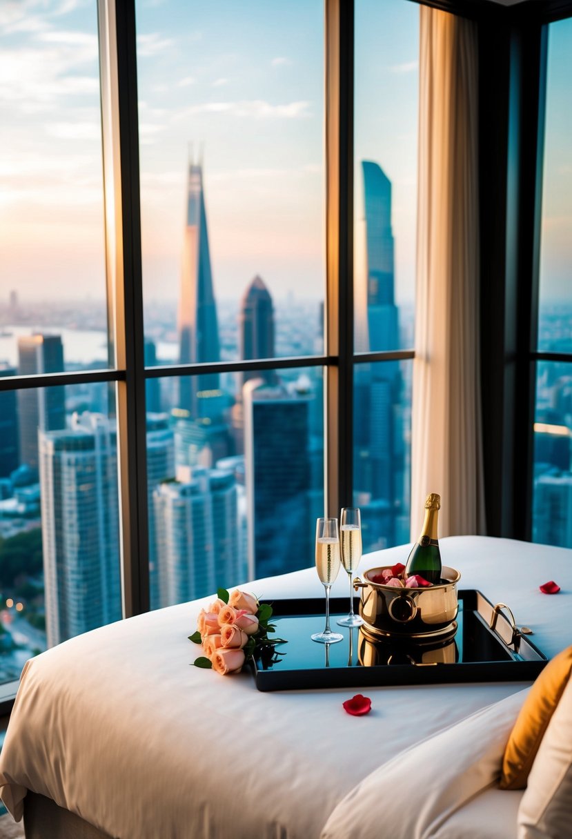 A plush king-size bed with rose petals, champagne, and a view of the city skyline from a floor-to-ceiling window in a luxury hotel room