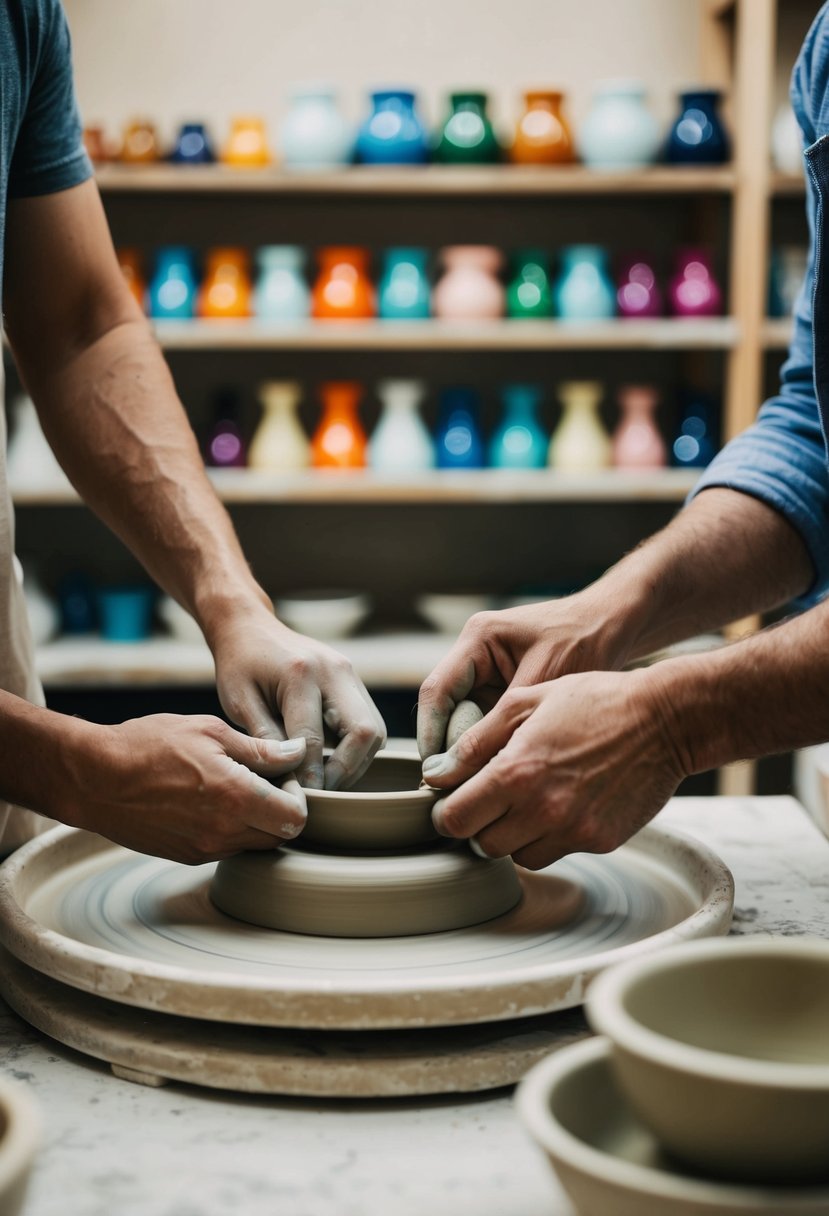 A pottery wheel spins as two sets of hands shape clay together, surrounded by shelves of colorful glazes and finished ceramics