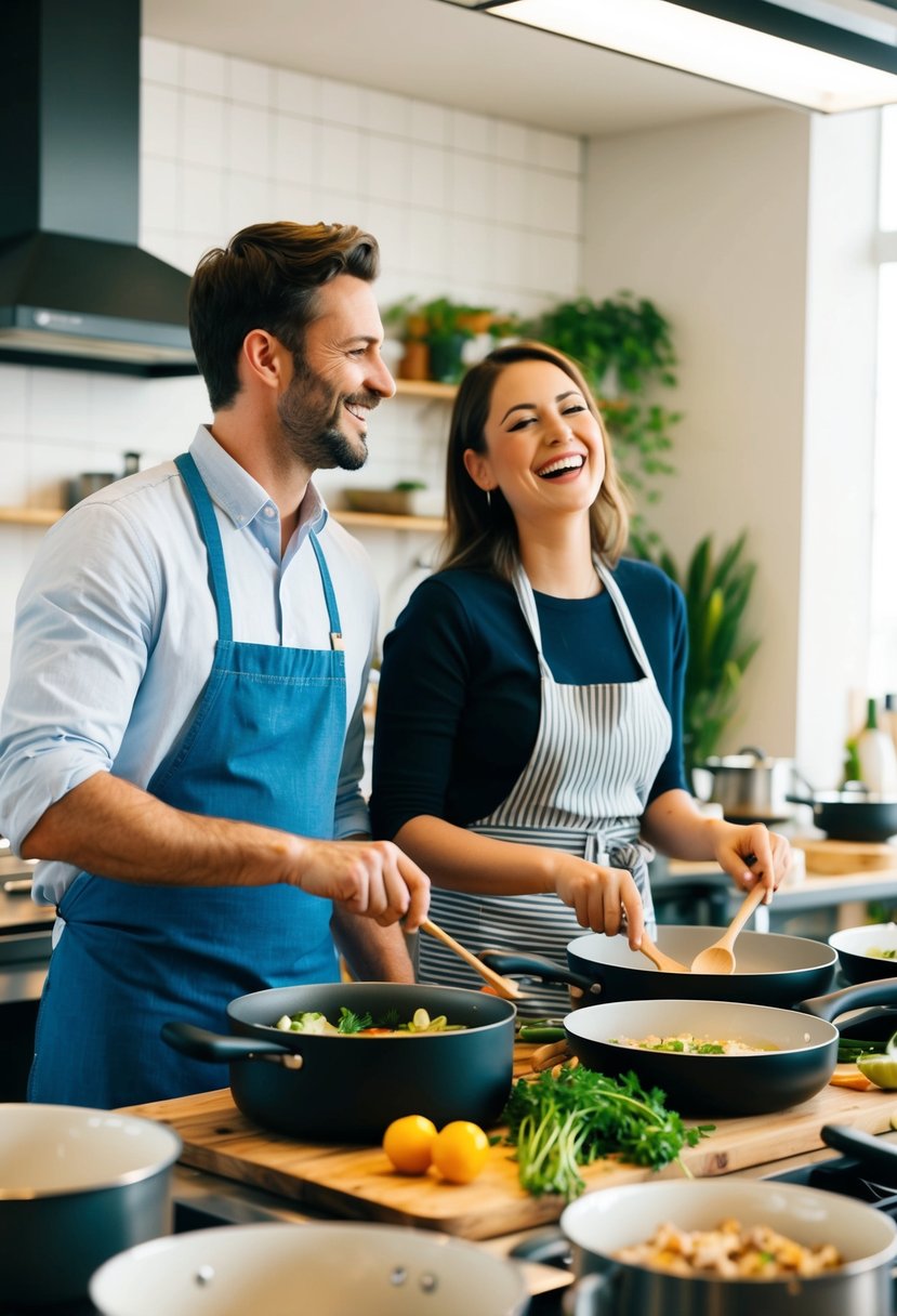 A couple stands side by side at a cooking class, surrounded by pots, pans, and fresh ingredients. The instructor demonstrates a recipe as the couple follows along, laughing and enjoying each other's company