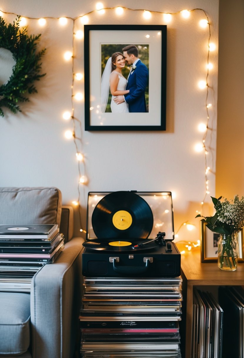 A cozy living room with a record player and stacks of vinyl albums, surrounded by twinkling fairy lights and a framed wedding photo