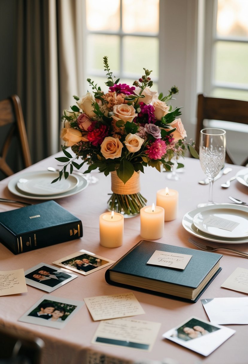 A table set for two with a bouquet of flowers, candles, and love letters scattered around. A photo album of memories sits nearby