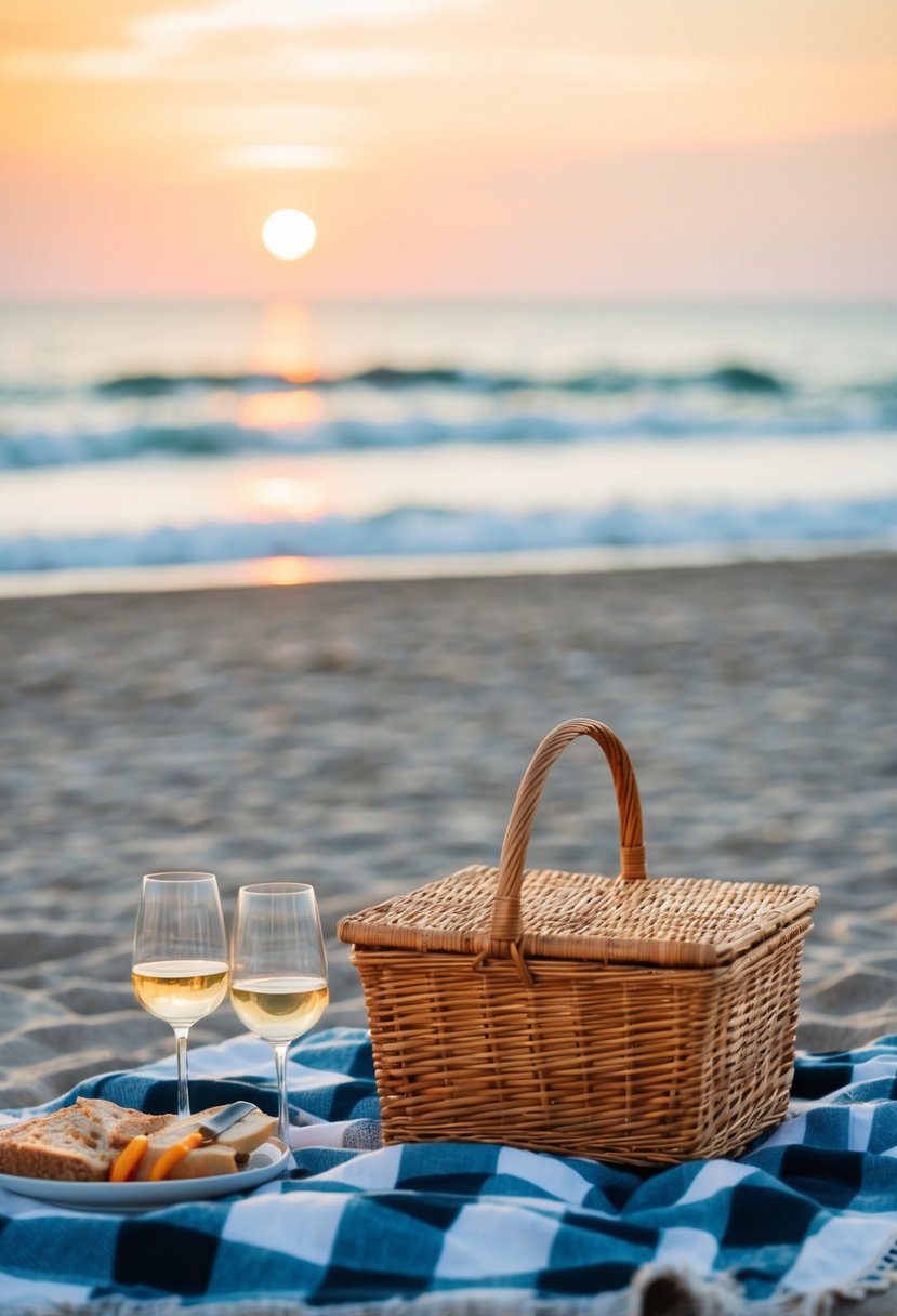 A beach picnic at sunset with a checkered blanket, wicker basket, wine glasses, and a view of the ocean