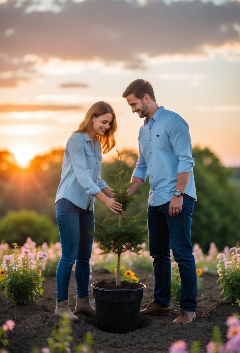 A couple planting a tree together, surrounded by blooming flowers and a beautiful sunset in the background