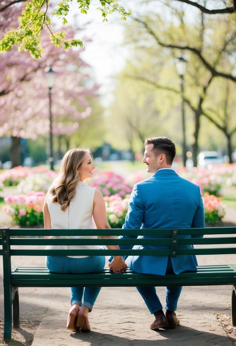 A couple sitting on a park bench, surrounded by blooming flowers and trees, holding hands and smiling at each other