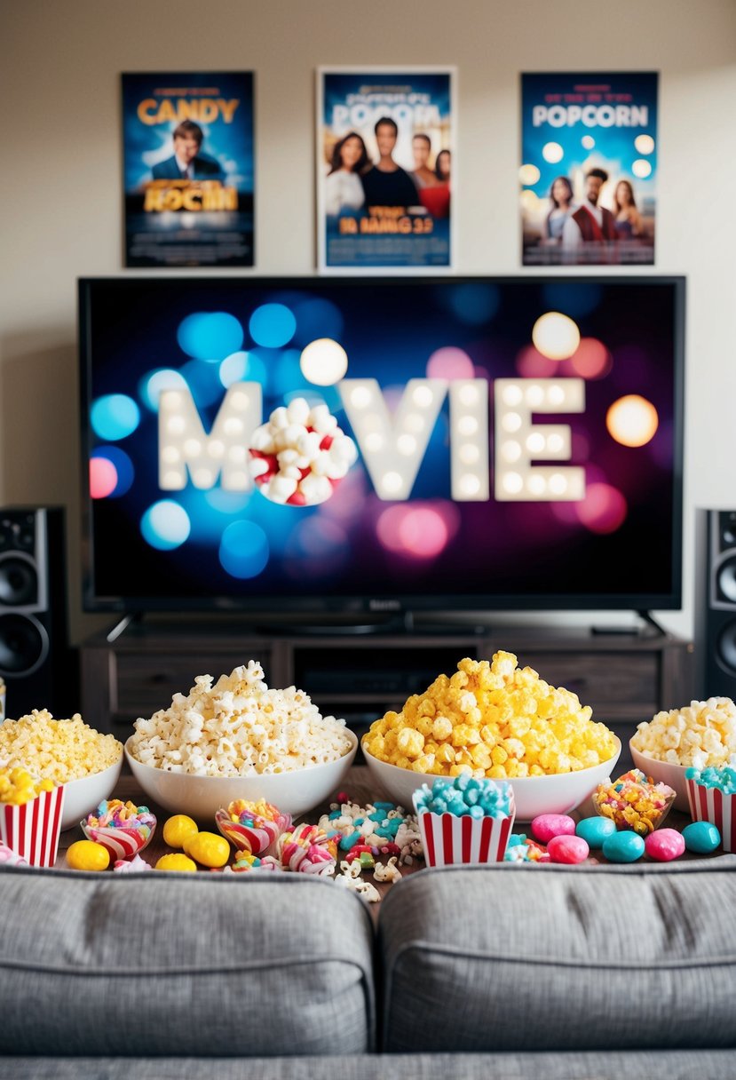 A cozy living room with a big screen TV, surrounded by piles of popcorn, candy, and movie posters