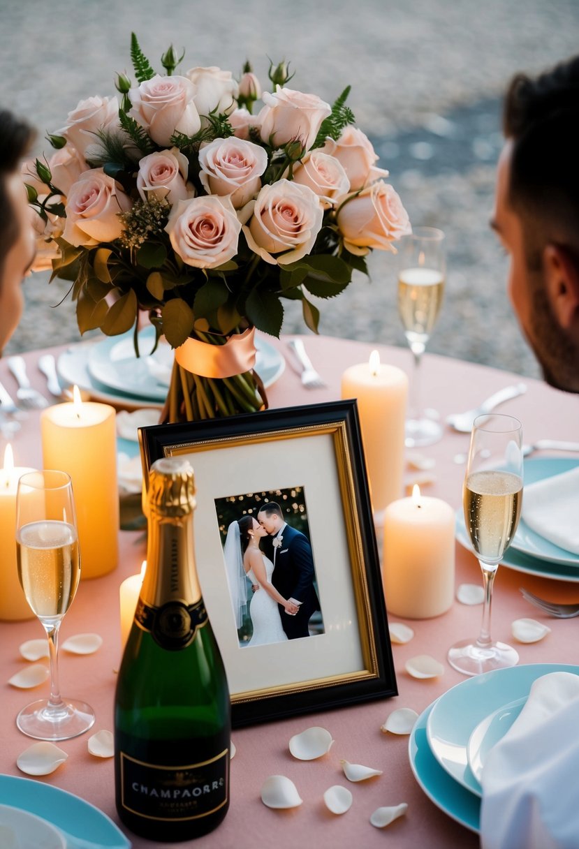 A couple's table set with a bouquet of roses, champagne, and a framed wedding photo, surrounded by lit candles and scattered rose petals