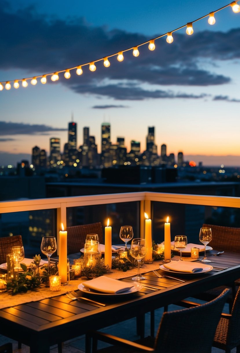 A rooftop dinner with candles, fairy lights, and a view of the city skyline at night