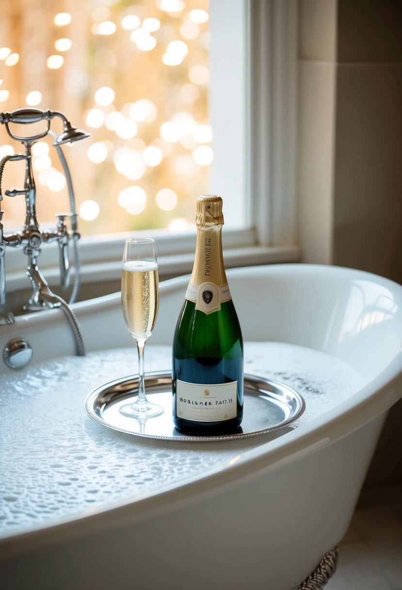 A luxurious bubble bath with a bottle of champagne on a silver tray