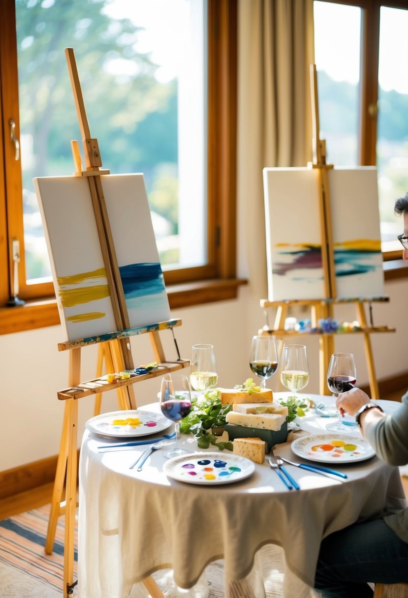 A cozy, sunlit room with two easels, paint palettes, and canvases set up for a couple's painting party. A table is adorned with wine, cheese, and anniversary decorations