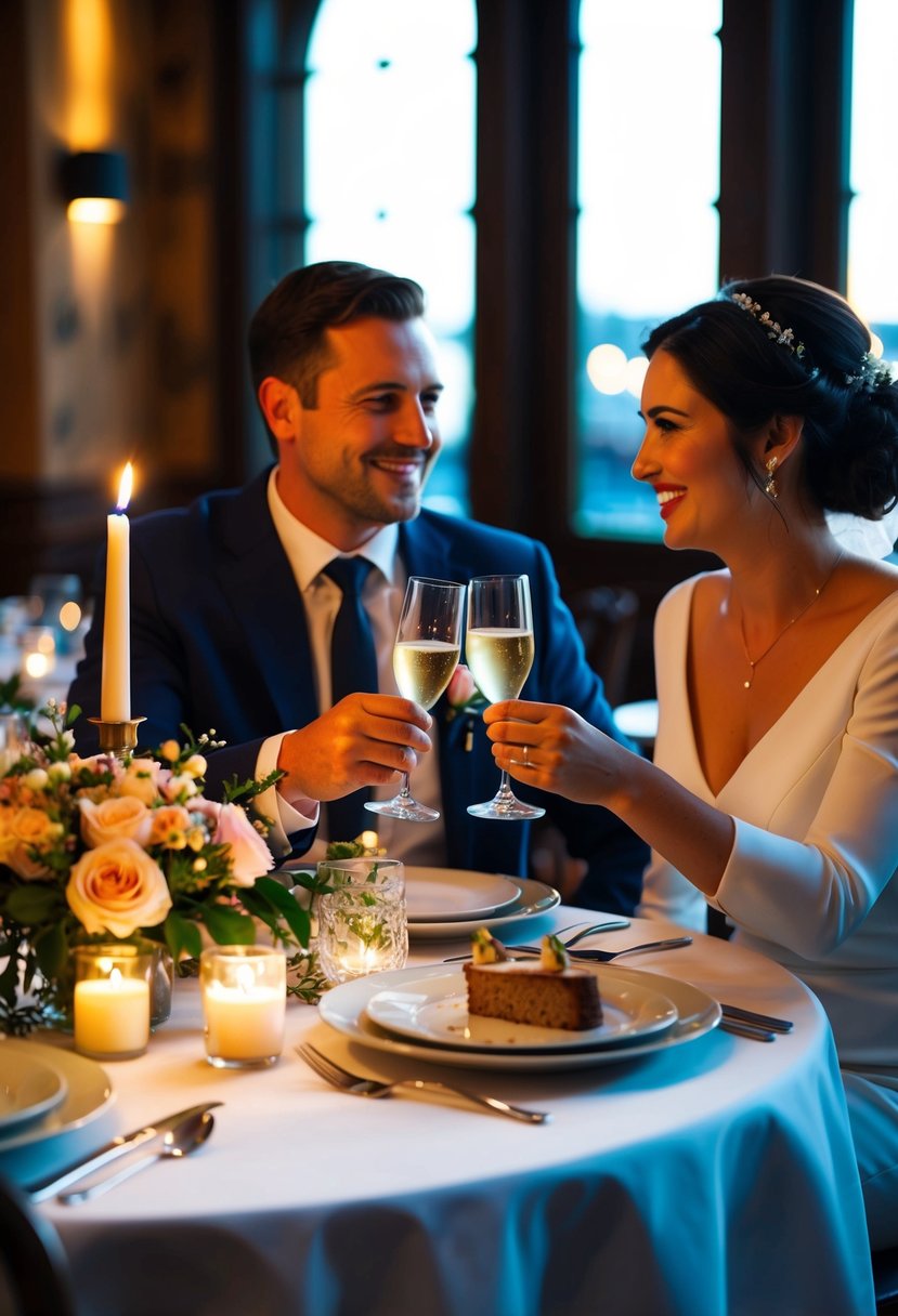 A couple sitting at a candlelit table in a cozy restaurant, surrounded by flowers and soft lighting, toasting their 43rd wedding anniversary