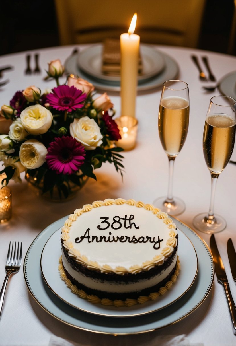 A table set with a bouquet of flowers, two champagne glasses, and a cake with "38th Anniversary" written on it. A romantic candlelit dinner setting