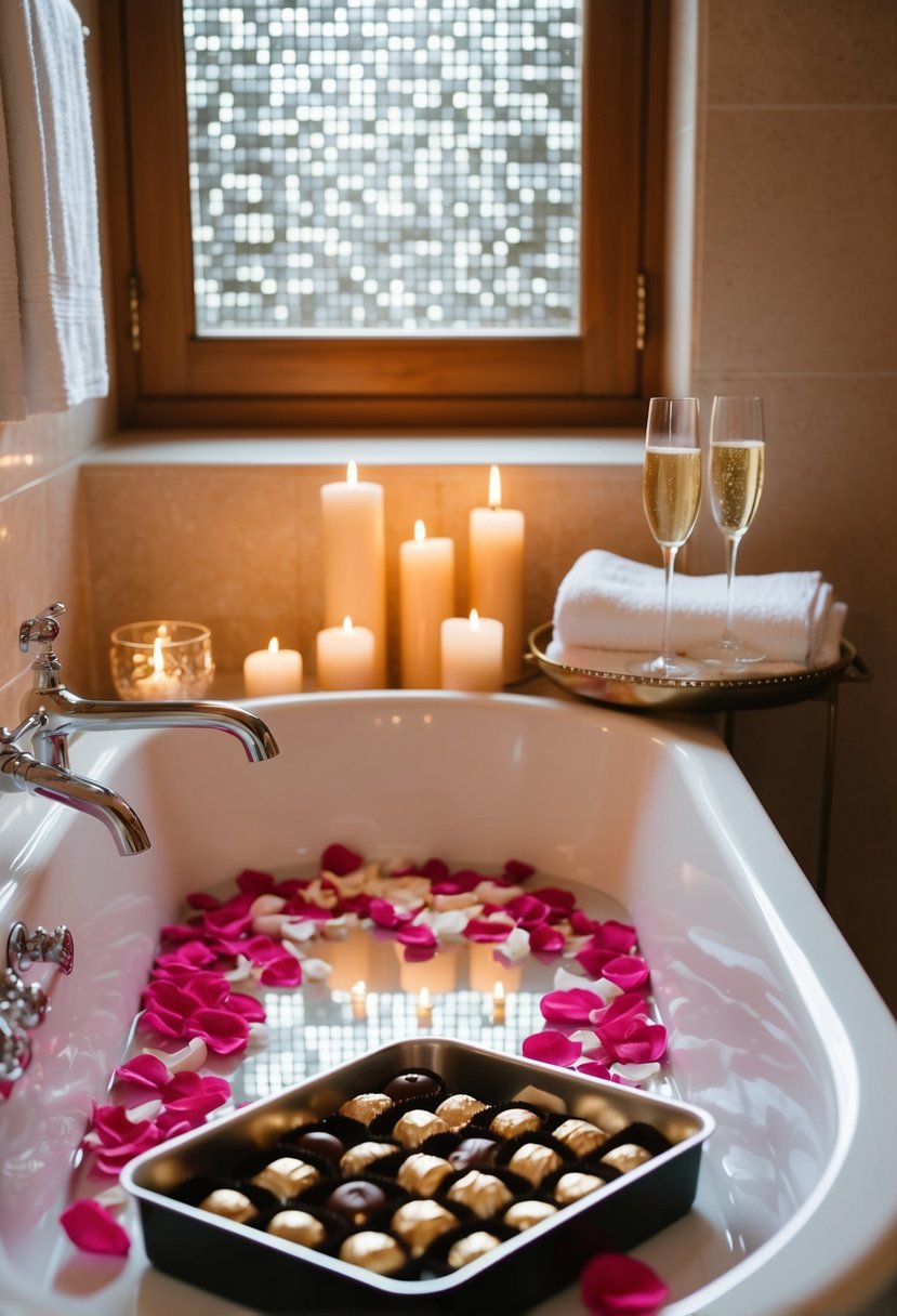 A cozy bathroom with candles, soft towels, and a bath filled with rose petals. A tray of champagne and chocolates sits nearby