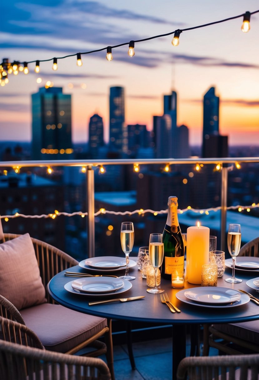 A rooftop bar at sunset, adorned with twinkling lights and candles, overlooking a city skyline. A table set with elegant dinnerware and a bottle of champagne on ice