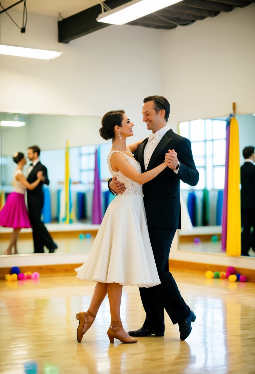 A couple gracefully waltzing in a brightly lit dance studio, surrounded by mirrors and colorful dance props