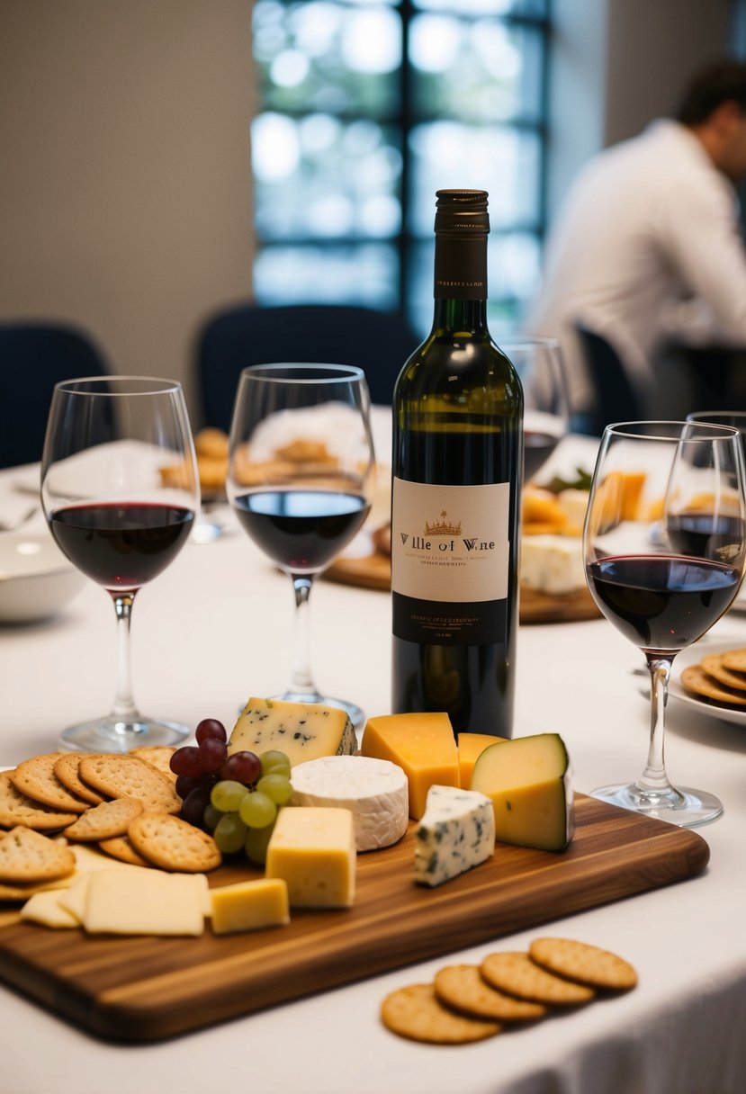 A table set with an assortment of cheeses, crackers, and a bottle of wine. A cheese board and wine glasses are arranged for a pairing class