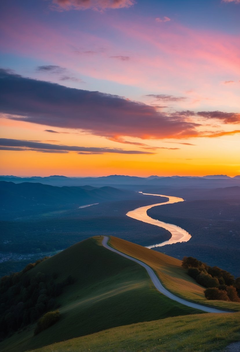 A serene hilltop overlooks a colorful sunset, with a winding river and distant mountains