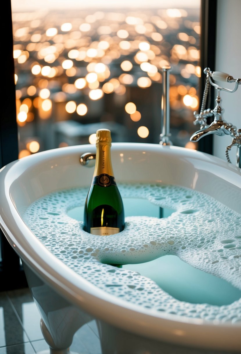 A luxurious bubble bath with a bottle of champagne on the side