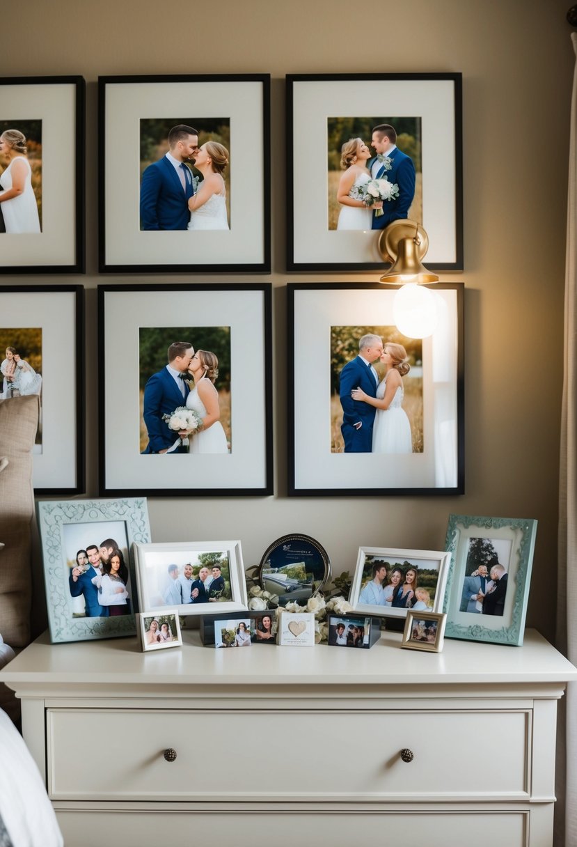 A cozy bedroom with a gallery wall of framed couple photos, soft lighting, and anniversary memorabilia displayed on a dresser