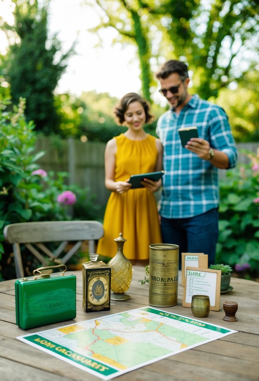 A table set with vintage items, a map, and a checklist. A couple searches for hidden treasures in their backyard garden