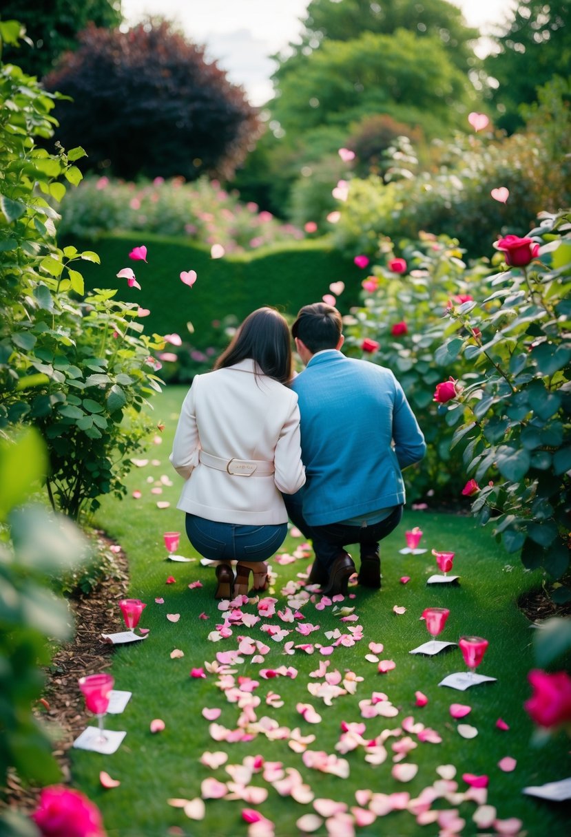 A couple searching for clues in a garden, following a trail of rose petals, love notes, and small gifts hidden among the foliage