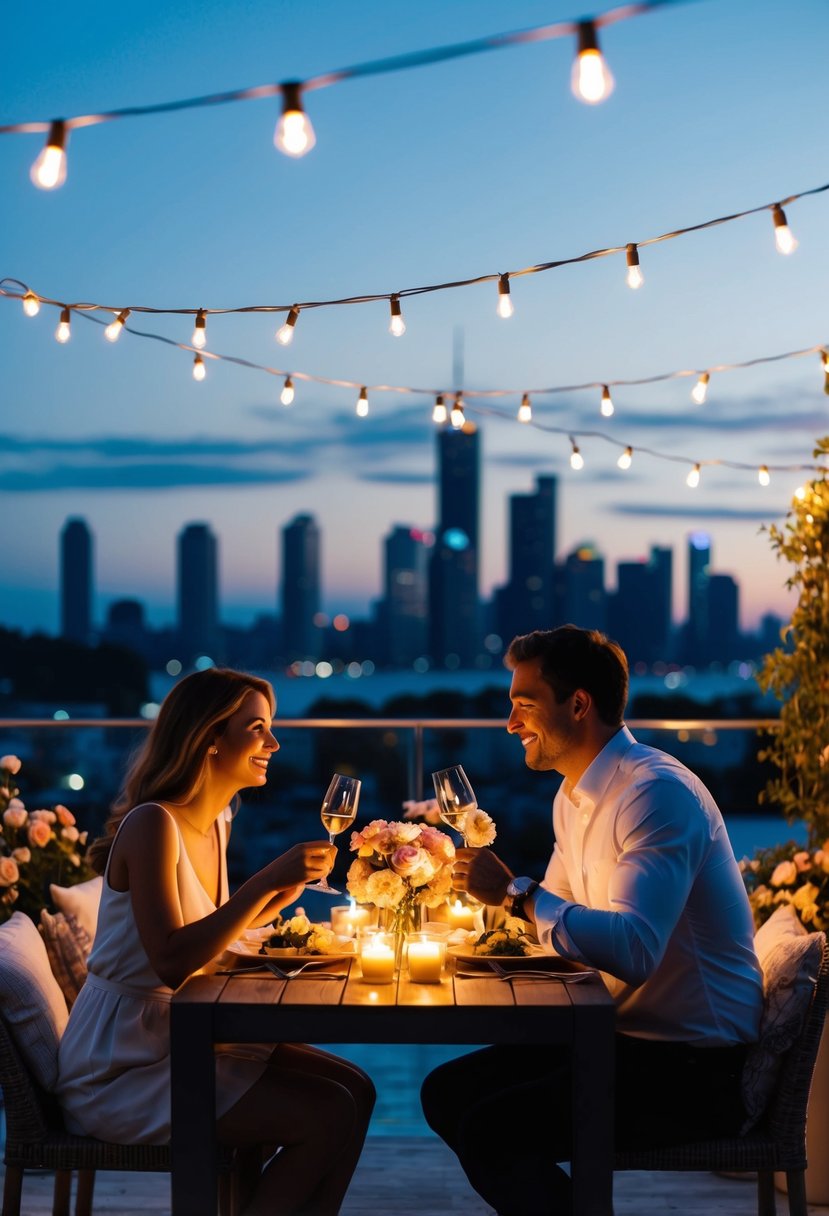 A couple enjoying a romantic dinner under the stars, surrounded by candles and flowers, with a beautiful view of the city skyline in the background