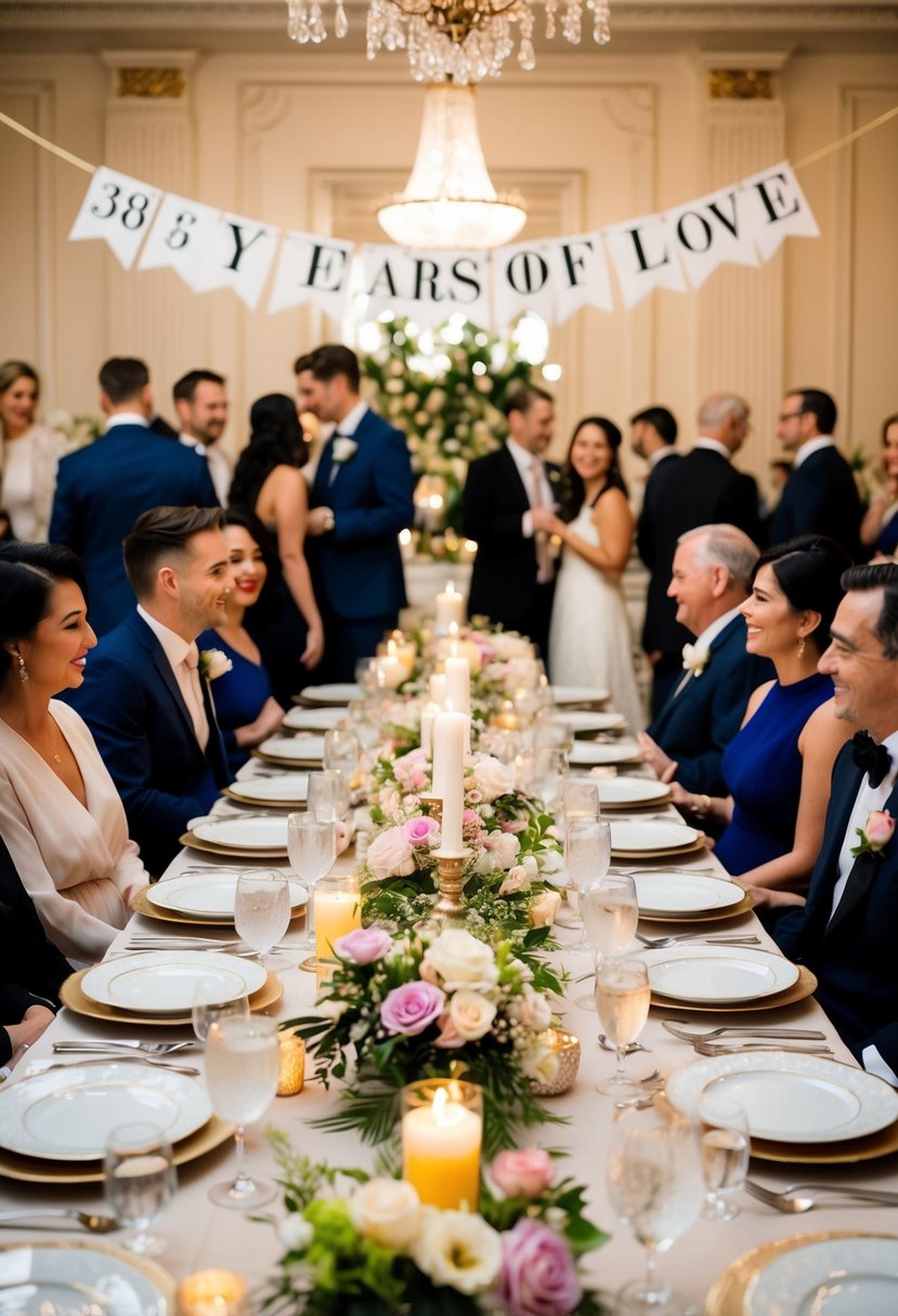 A dining table adorned with elegant tableware, flowers, and candles. A banner reads "38 Years of Love" while guests mingle and celebrate