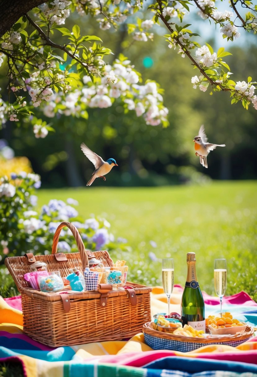 A colorful picnic blanket spread under a shady tree, surrounded by blooming flowers and chirping birds. A wicker basket filled with delicious snacks and a bottle of champagne on ice