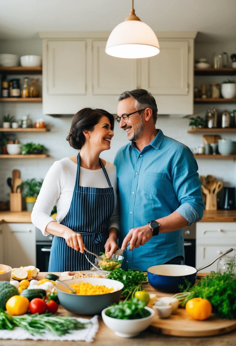 A couple stands side by side in a cozy kitchen, surrounded by a variety of fresh ingredients and cooking utensils. They are happily working together to prepare a new recipe, celebrating their 43rd wedding anniversary