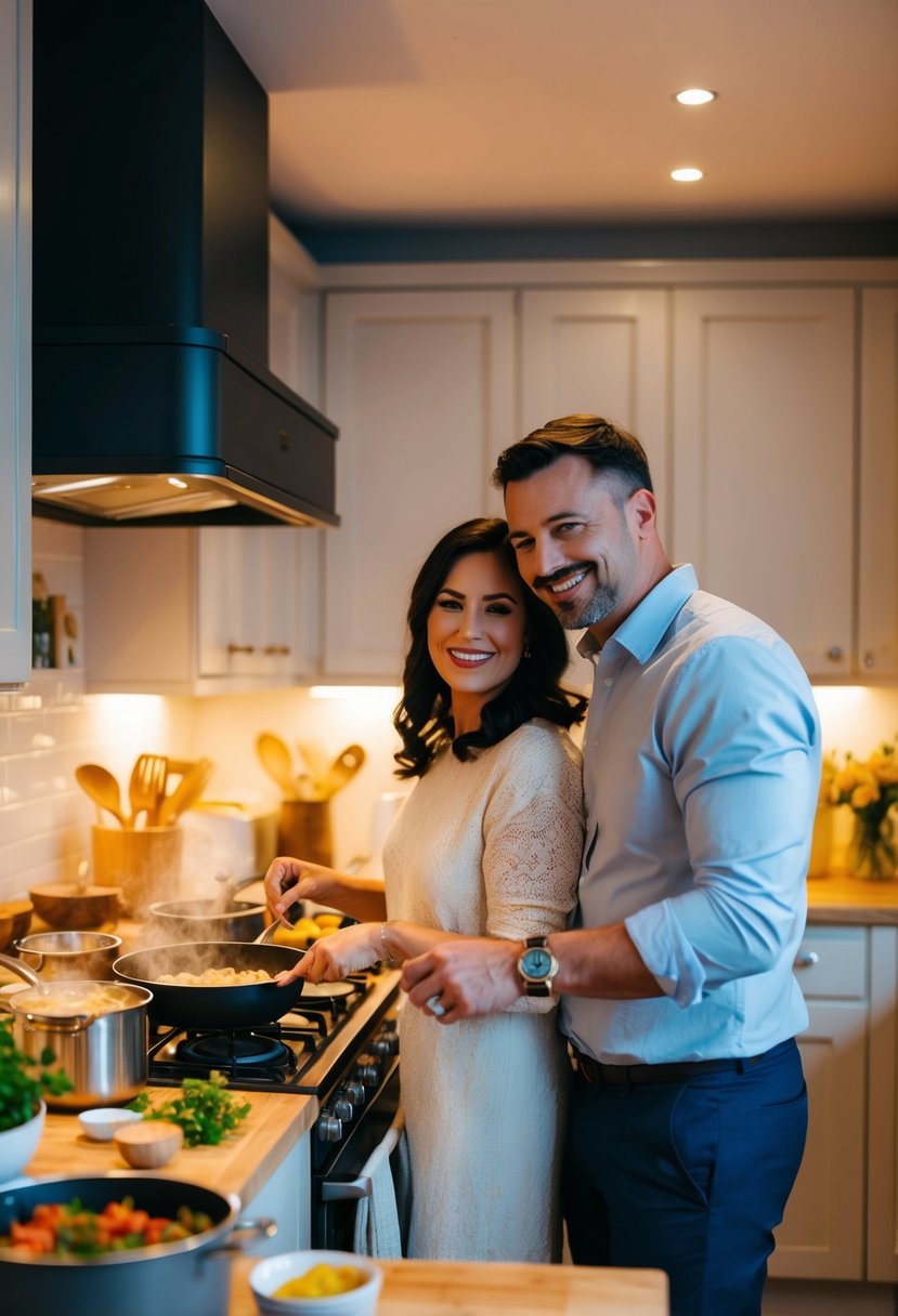 A couple cooks together in a cozy kitchen, surrounded by pots, pans, and fresh ingredients. The warm glow of the stove illuminates their happy faces as they celebrate their 38th wedding anniversary