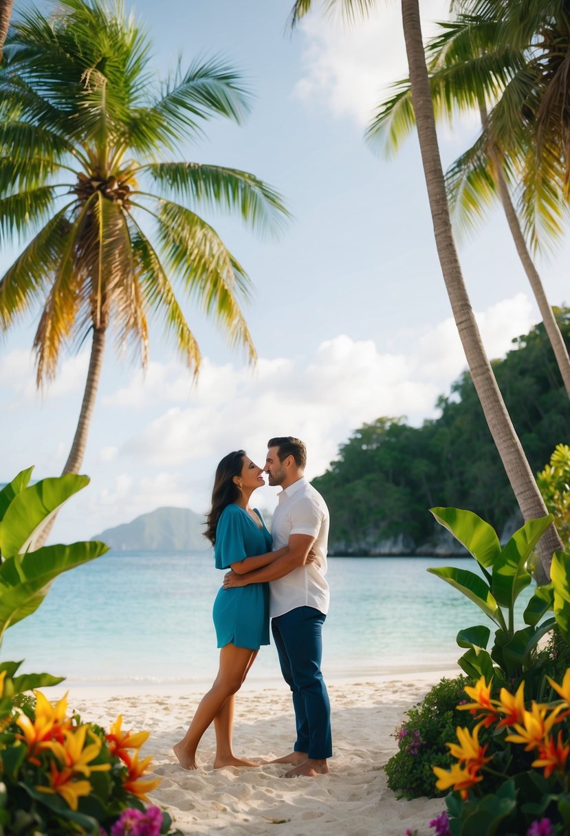 A couple enjoys a secluded beach with crystal-clear water and palm trees, surrounded by lush tropical foliage and colorful flowers