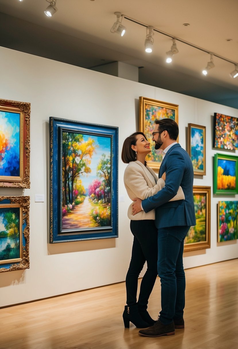 A couple admires a painting in a well-lit art gallery, surrounded by colorful and diverse works of art