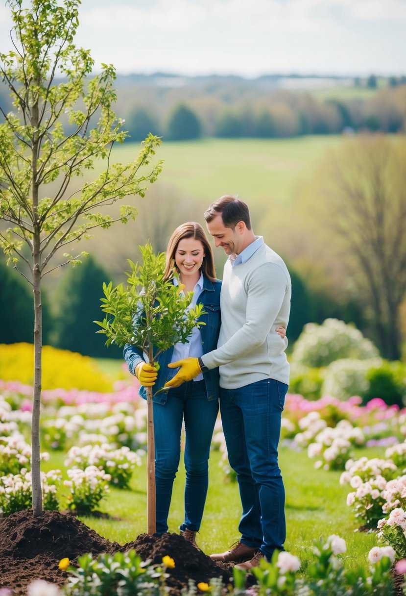 A couple planting a tree together, surrounded by blooming flowers and a serene landscape