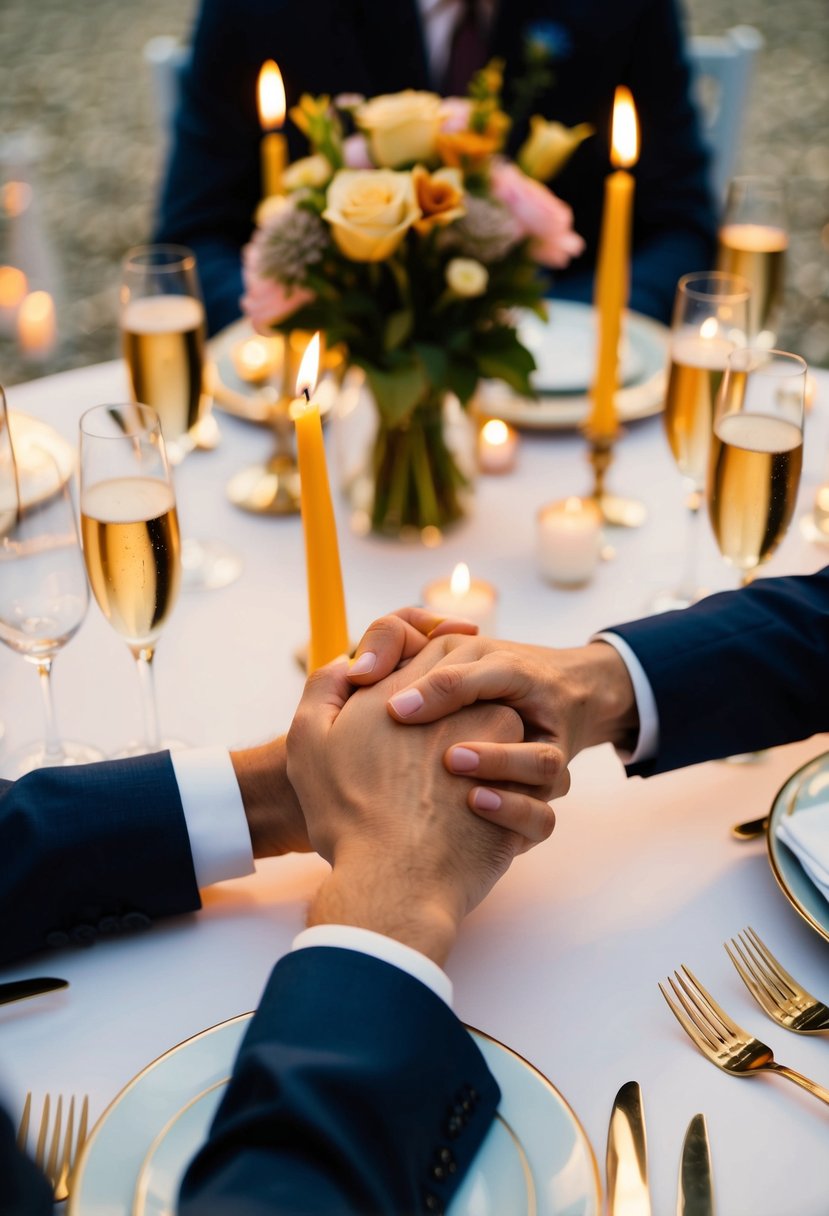 A couple's hands clasping over a table set with a candlelit dinner, champagne, and a bouquet of flowers