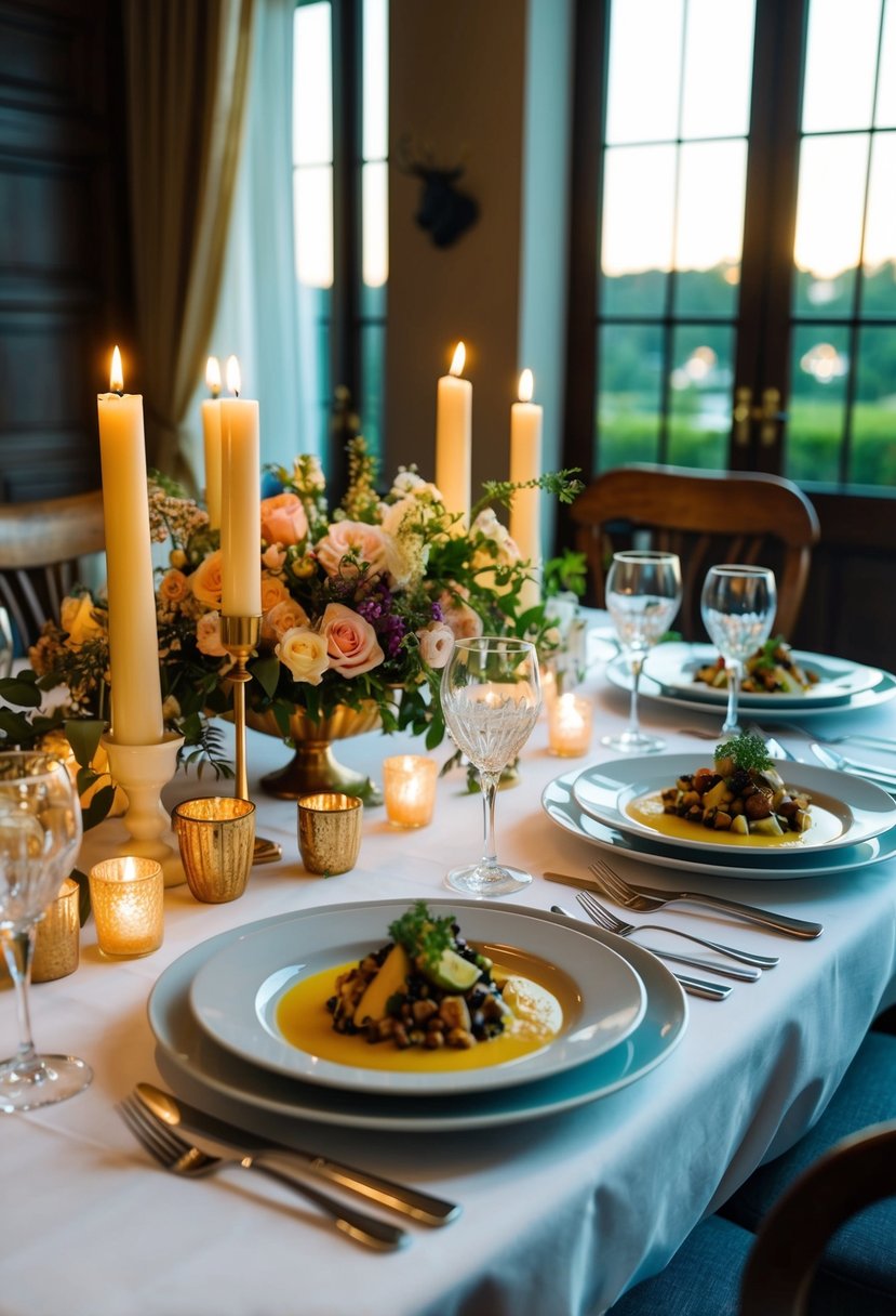 A beautifully set dining table with candles, flowers, and a gourmet meal prepared by a private chef for a 43rd wedding anniversary celebration