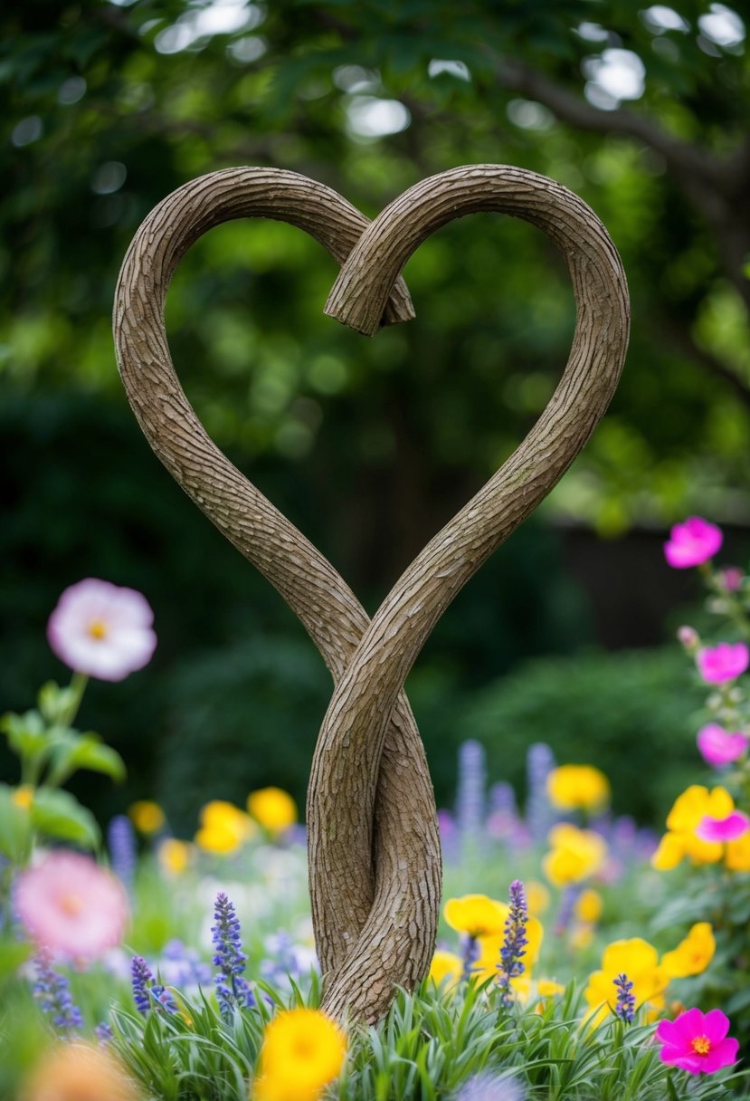 A heart-shaped tree with intertwined branches, surrounded by colorful flowers and a serene garden setting