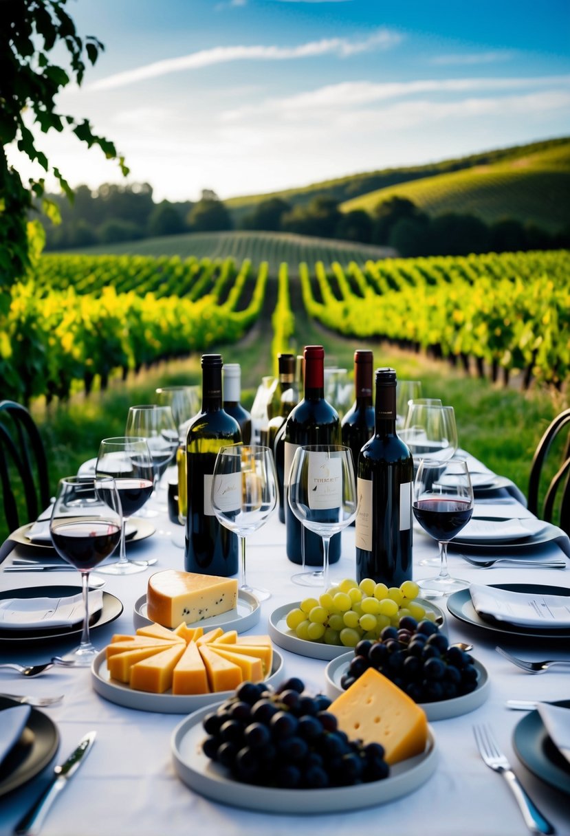 A table set with an array of wine bottles, glasses, and cheese platters, surrounded by lush vineyards and rolling hills