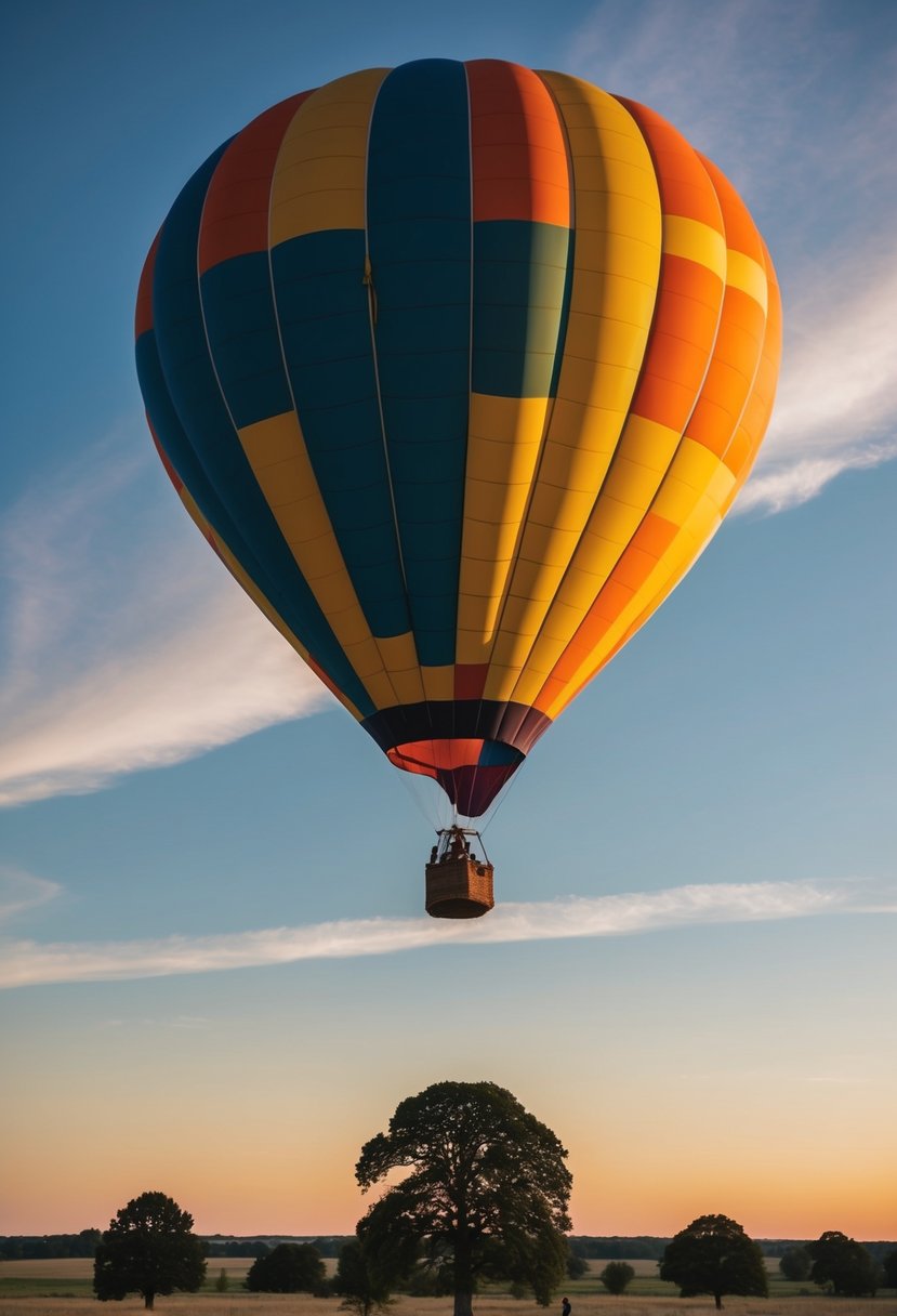 A colorful hot air balloon floats over a serene landscape at sunset, with a couple's initials carved into a tree below