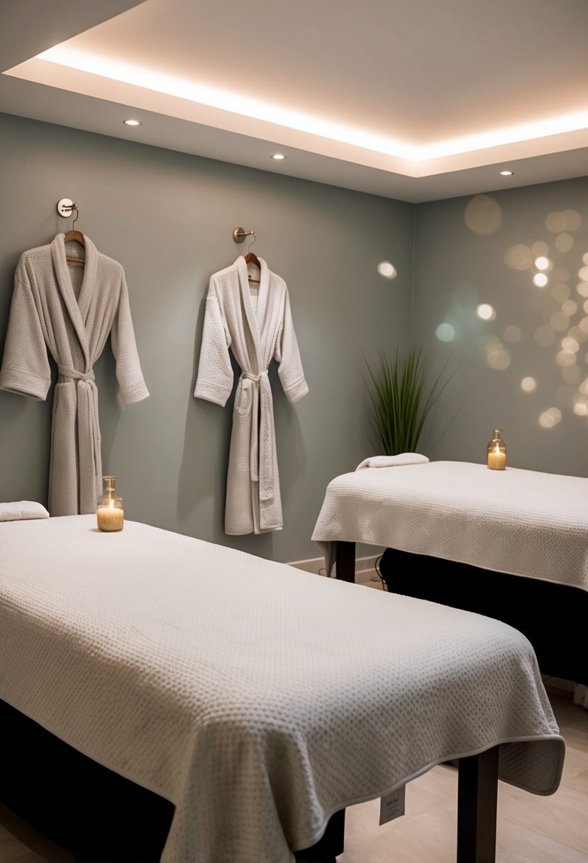 A serene spa room with two massage tables, soft lighting, and tranquil music. Aromatherapy scents fill the air as two plush robes hang on hooks