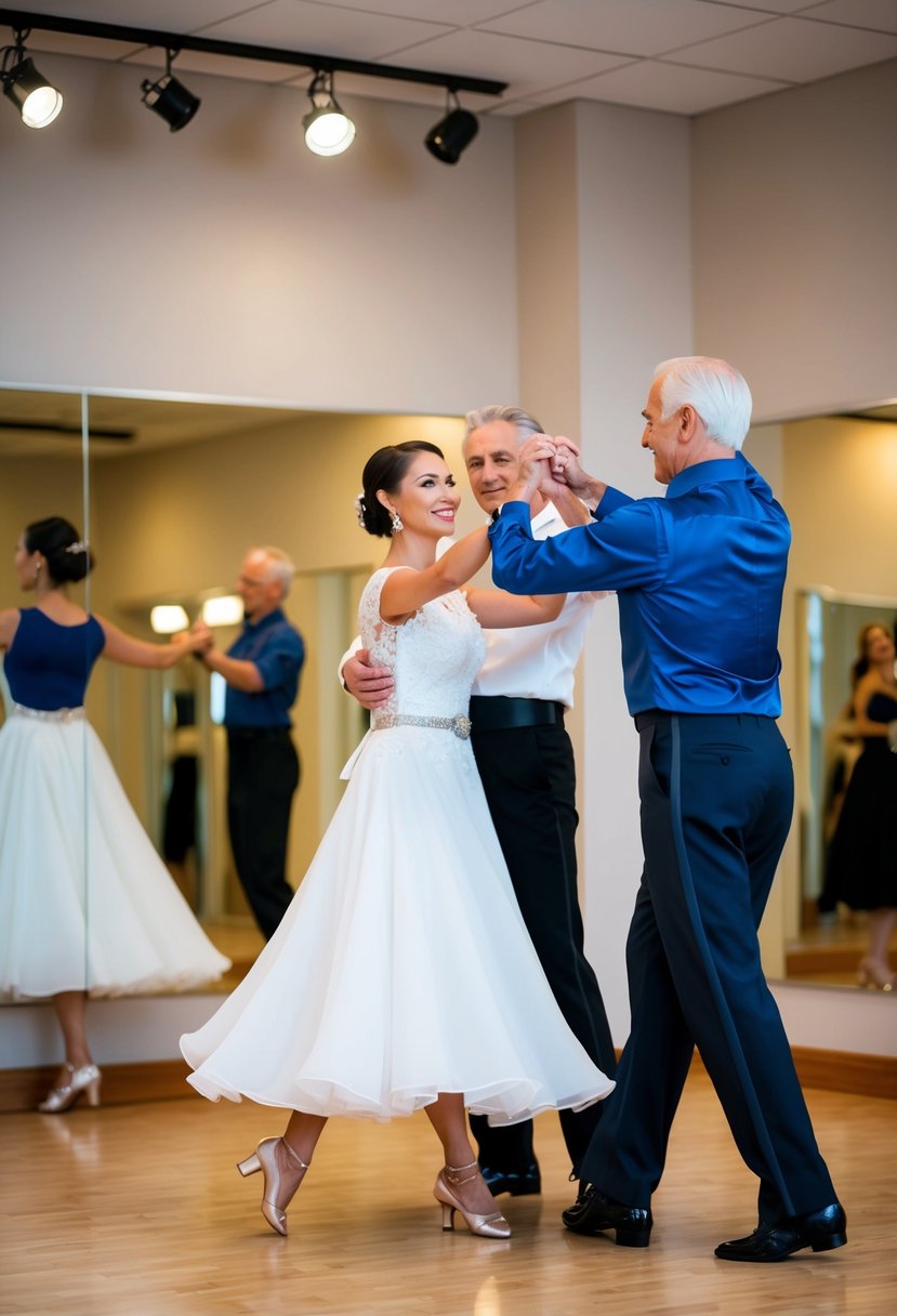 A couple gracefully dances in a studio, surrounded by mirrors and soft lighting. The instructor guides their movements as they celebrate their 38th wedding anniversary