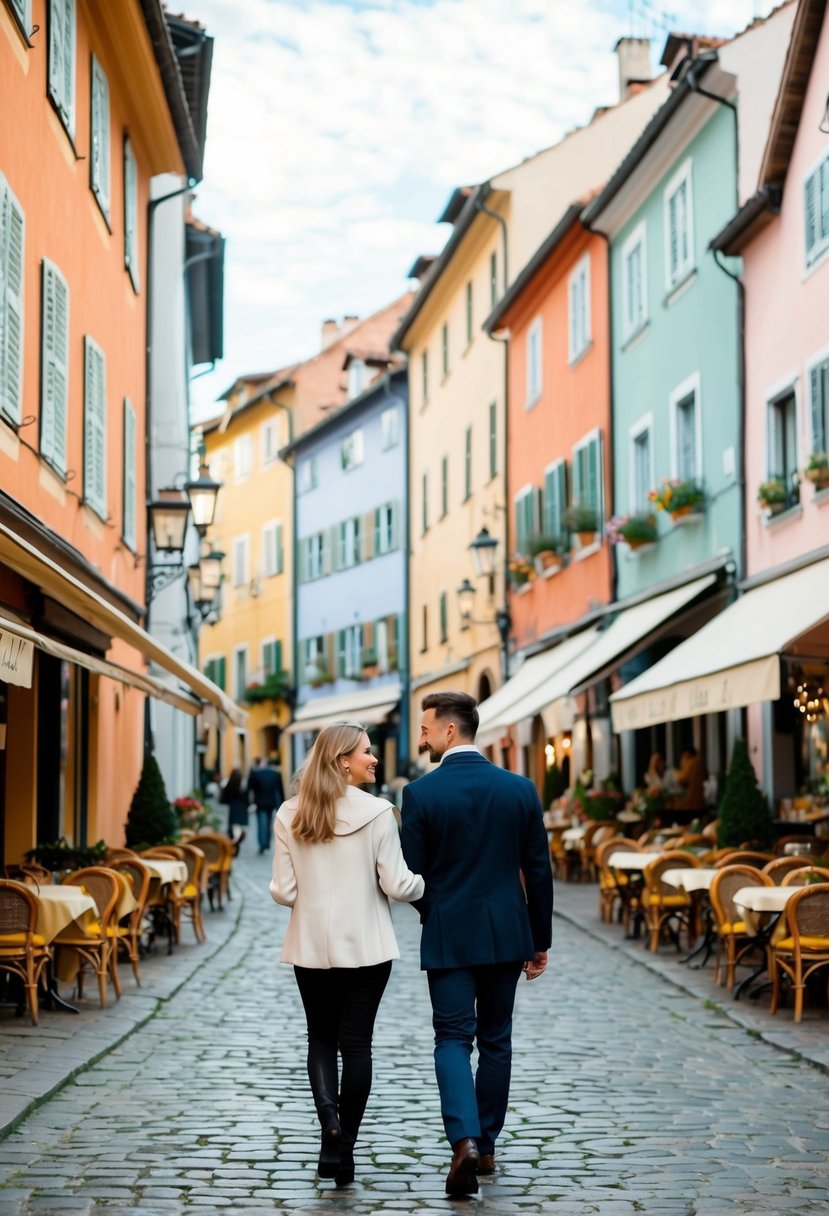 A couple strolling through a charming cobblestone street lined with colorful buildings, bustling cafes, and quaint shops in a picturesque European town