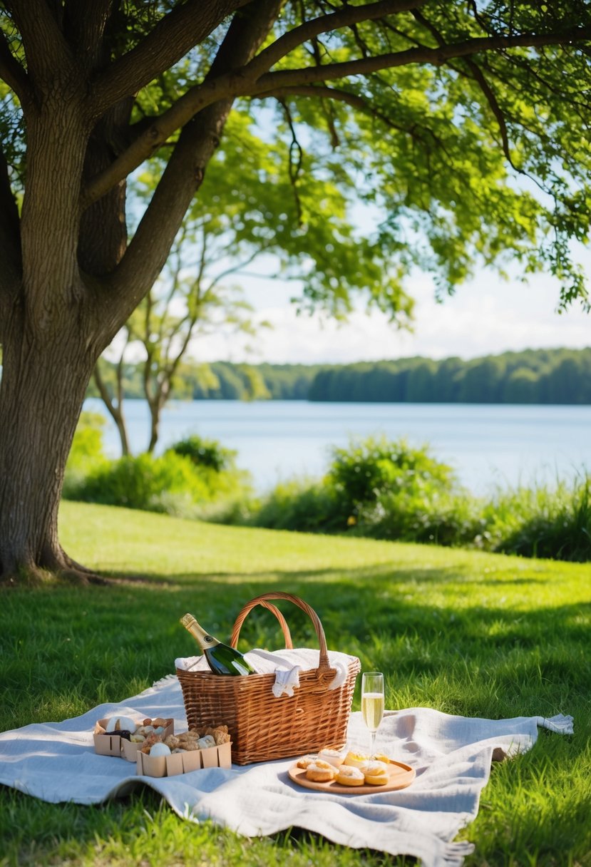 A cozy picnic blanket spread under a shady tree, overlooking a serene lake surrounded by lush greenery. A wicker basket filled with delicious treats and a bottle of champagne rests on the blanket