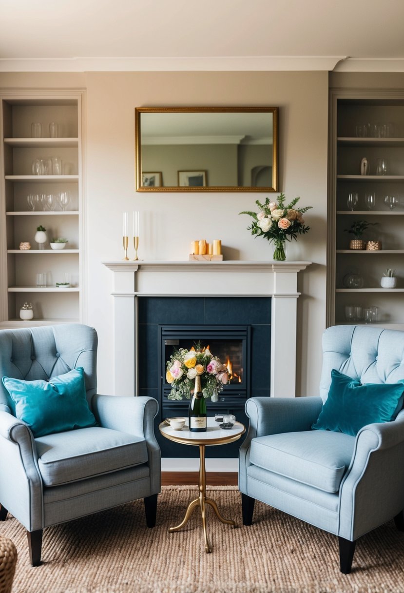 A cozy living room with a fireplace, two armchairs, and a small table set for two with a bouquet of flowers and a bottle of champagne